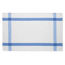 A white tablecloth with blue striped borders, featuring a simple and clean design.