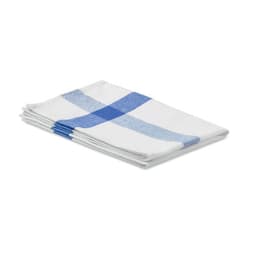 A set of white tea towels featuring blue check patterns folded neatly. The towels have a simple, classic design.