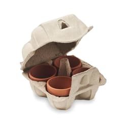 A carton containing four terracotta plant pots, with the carton partially open to reveal the pots inside.