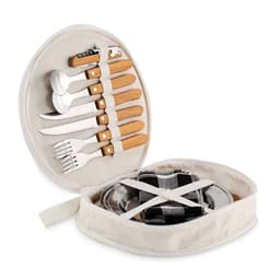 A picnic set featuring stainless steel utensils with wooden handles, neatly arranged in a round cream-coloured case.