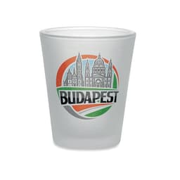 A frosted glass featuring a design of Budapest's skyline with a circular colour accent and a logo.