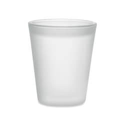 A frosted glass shot cup with a smooth finish and a simple design. It features a clear rim at the top.
