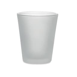 A frosted glass shot glass with a simple, smooth design and a slightly tapered shape.