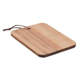 A wooden cutting board with a smooth surface and a leather strap for hanging. It features natural wood tones.