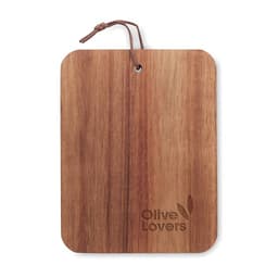 A wooden serving board with a natural finish and a leather hanging strap. Features a branding logo.