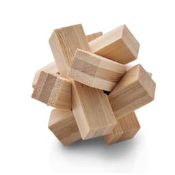 A wooden puzzle made of interlocking pieces, featuring natural wood tones and a complex geometric shape.