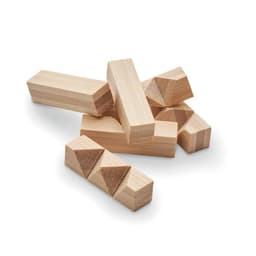 A collection of natural wooden geometric blocks in various shapes, including rectangular and triangular forms.