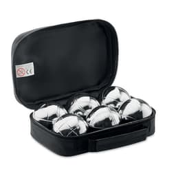 A carry case containing seven shiny silver petanque balls, with a black zippered exterior.