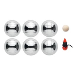 A set of six shiny metallic boules and one wooden jack, presented on a white background.