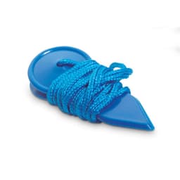 A blue promotional product shaped like a wedge with a coiled blue rope attached. It features a circular element on one end.