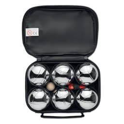 A black carrying case containing six metallic balls and one small white ball for playing boules.