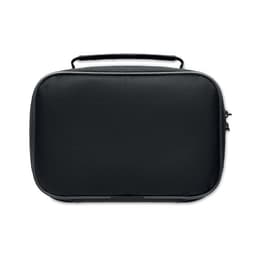 A black storage bag with a zip closure and a sturdy handle on top. It has a simple, minimalist design.