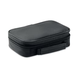 A black zippered storage case featuring a handle. It has a sturdy design and compact shape.