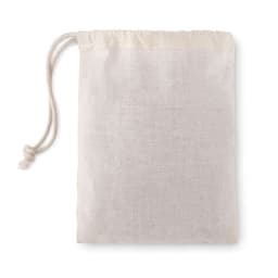 A drawstring bag in a natural beige hue, made of lightweight fabric, featuring a cinched closure.