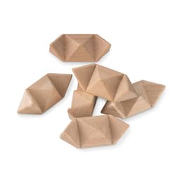 A set of six wooden geometric shapes in a light natural finish, featuring triangular and diamond facets.