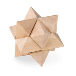 A wooden puzzle shaped like a star, featuring interlocking triangular pieces in a natural wood finish.