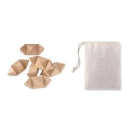 A set of wooden geometric shapes in a natural finish beside a small drawstring pouch.