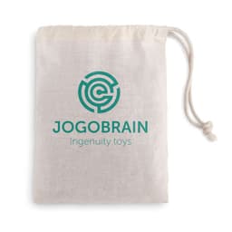 A drawstring bag in cream colour with a circular logo in teal, labelled "JOGOBRAIN Ingenuity toys".
