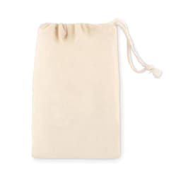 A drawstring pouch in a natural cream colour, made of soft fabric with a simple design.