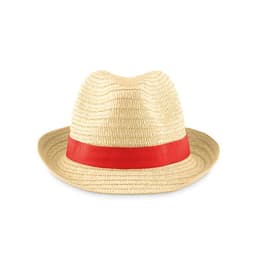 A straw hat featuring a red band, designed with a classic fedora shape. The hat is light brown in colour.