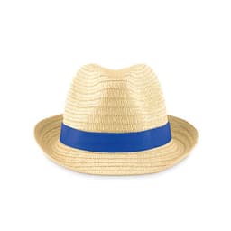 A straw hat with a blue band, featuring a classic fedora shape. The material is textured and lightweight.
