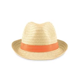 A straw hat with a wide brim and an orange band around the base. It has a textured weave.