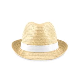 A straw fedora hat in a light beige colour with a white band around the base.
