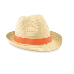 A straw hat featuring a wide brim and an orange band around the base.