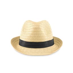 A straw hat in a natural colour with a black band around the base. It has a classic fedora shape.