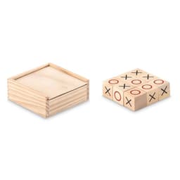 A wooden Tic Tac Toe game set featuring a square base with X and O pieces in red and natural wood tones.