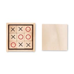 A wooden Tic Tac Toe game with black and red grid pieces, presented in a square wooden box.