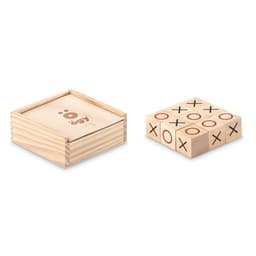 A wooden Tic Tac Toe game set with a boxed design, featuring red Xs and Os on the game pieces.