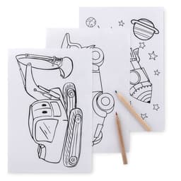 A set of three colouring pages featuring a digger, a robot, and a rocket, along with coloured pencils.