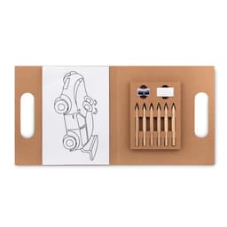 A brown folder with cut-out handles, featuring a colouring sheet and a set of pencils and sharpeners.