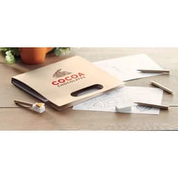 A brown folder with a handle, featuring a logo, sits on a table with papers and writing utensils.