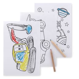 Three colouring pages featuring a yellow digger, an animal, and a rocket, alongside three coloured pencils.