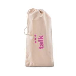 A drawstring bag in a beige colour featuring a pink branding logo.