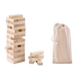 A wooden block stacking game with a beige carrying pouch. The blocks are light in colour and neatly arranged.