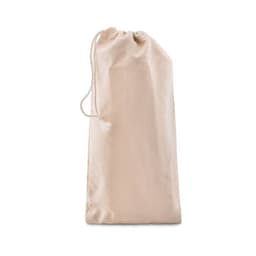 A drawstring bag in a light beige colour, made from fabric and featuring a simple closure.