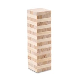 A stack of wooden blocks arranged in alternating light and dark layers, forming a tall rectangular tower.