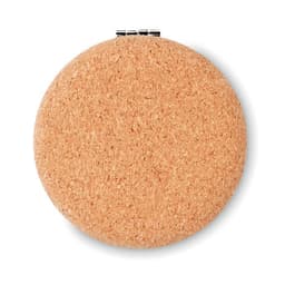 A round cork coaster in a natural beige colour with a metallic clasp, featuring a simple logo on the side.