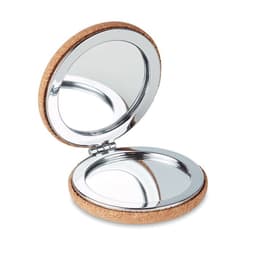 A round compact mirror with a cork exterior and a shiny chrome interior. It features a hinge for easy opening.