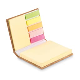 A desk accessory featuring a cork cover with sticky note pads in yellow, pink, green, and orange. It has a logo.