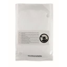 A clear biodegradable packaging bag with printed instructions on a white background and a circular logo.