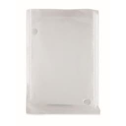 A transparent plastic pouch with a slightly frosted surface and two holes at the top, suitable for storage.