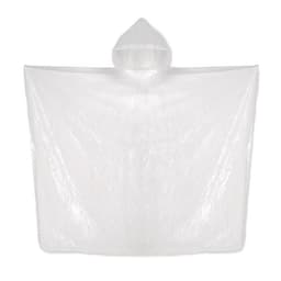 A clear plastic poncho with a hood, designed for protection against rain. It has a simple, lightweight design.