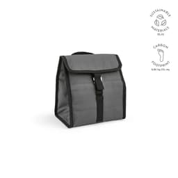 A grey cooler bag with a roll top and black trim, featuring a metal G hook and a logo.