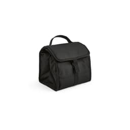 A black cooler bag with a roll top, featuring a sturdy handle and a metal G hook for attachment.