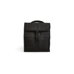 A black cooler bag with a roll-top closure and a metal G hook, featuring a textured surface and a handle.