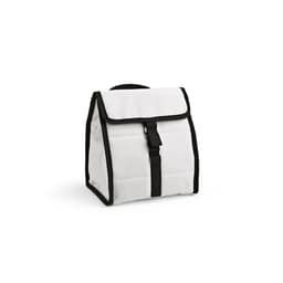 A white cooler bag featuring a roll top and black trim, with a metal G hook, and a logo on the front.